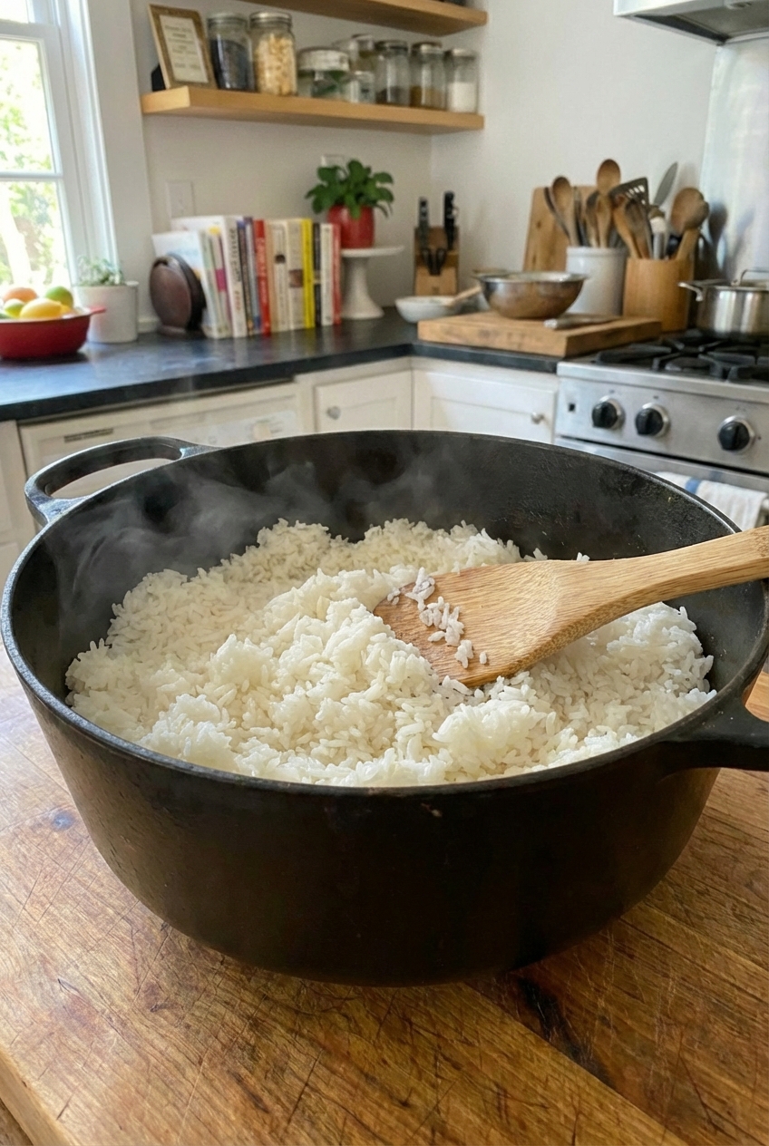 A pot of fluffy white rice with a rice paddle resting on top