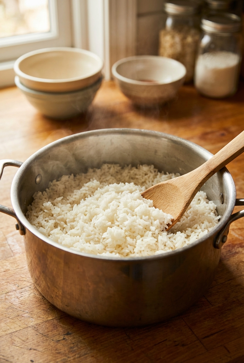 A pot of fluffy white rice with a serving spoon resting inside