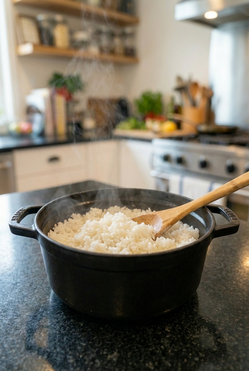 A pot of fluffy white rice with a spoon resting on top
