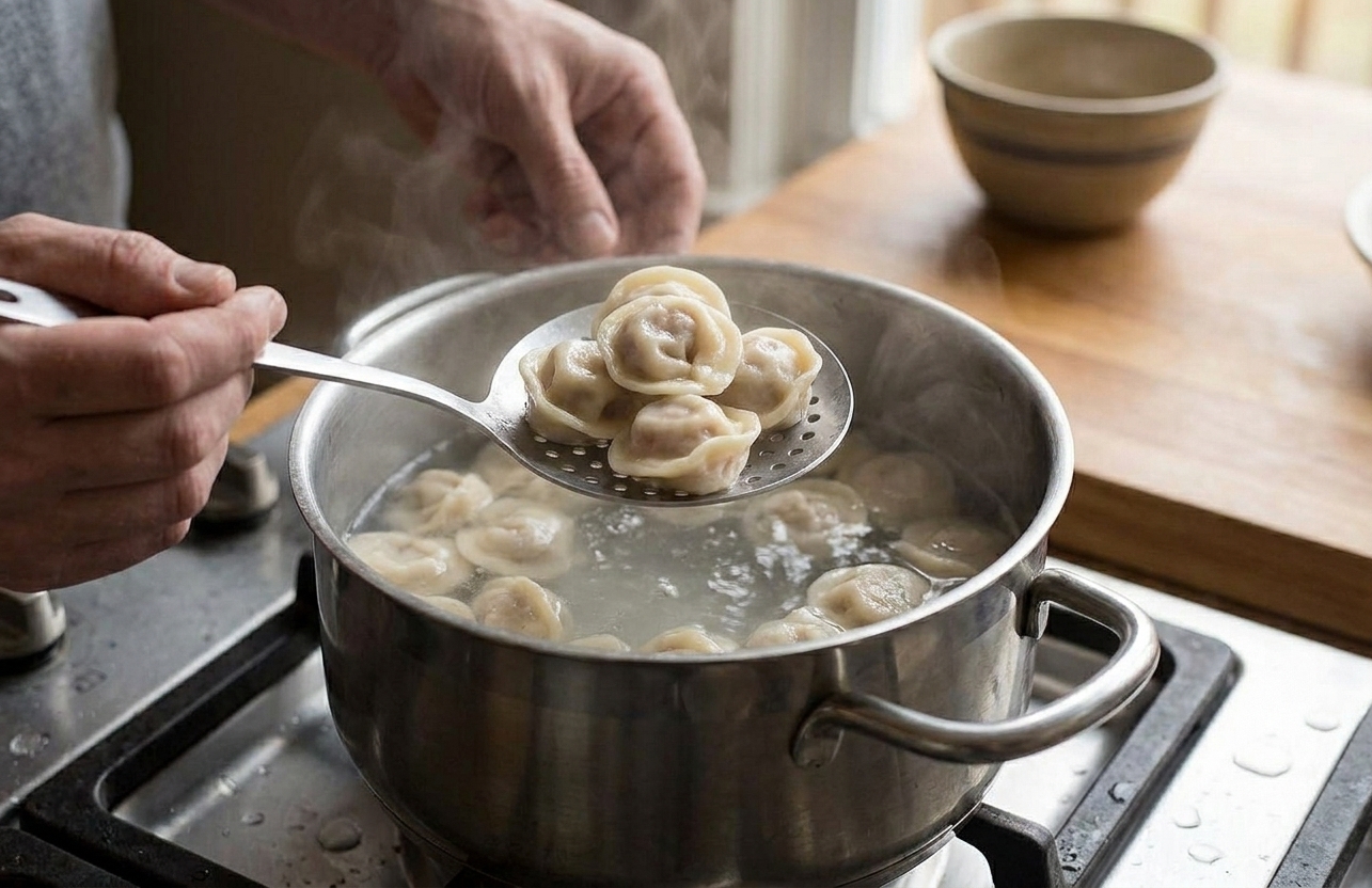A pot of gently boiling pelmeni with a slotted spoon lifting several dumplings above the surface