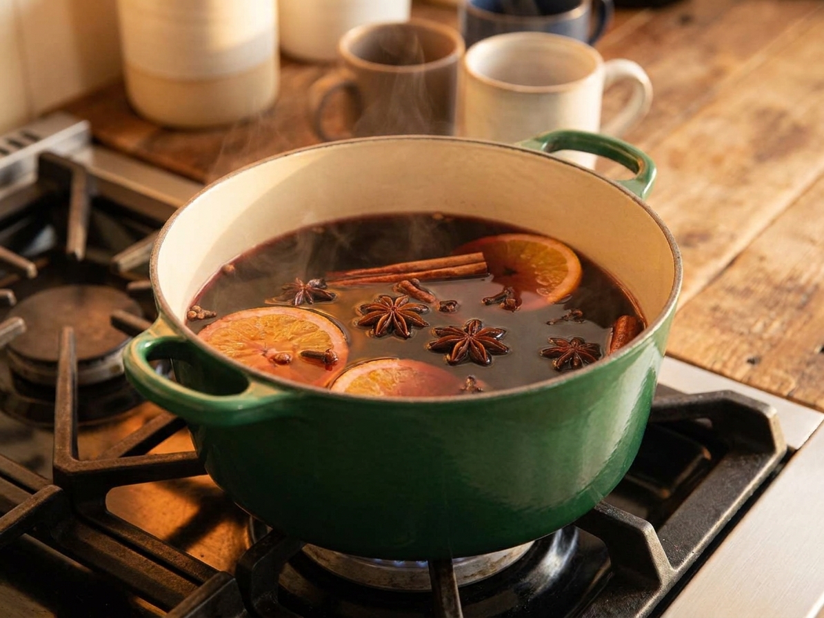A pot of glühwein gently steaming on a stovetop with spices floating, warm kitchen lighting