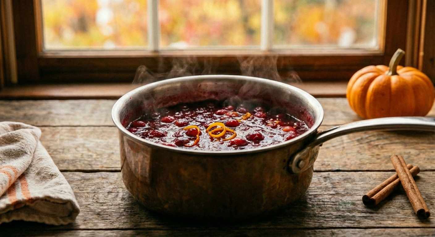 A pot of glossy cranberry sauce simmering with orange zest