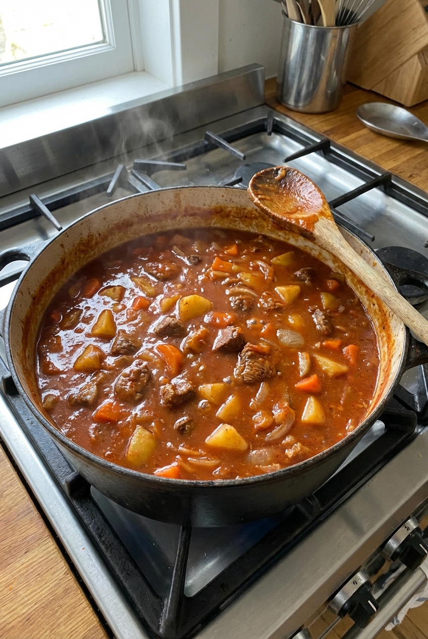 A pot of goulash simmering on the stove with a wooden spoon resting on the rim