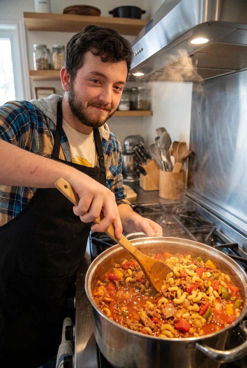 A pot of goulash with elbow macaroni and tomato sauce being stirred, with steam rising