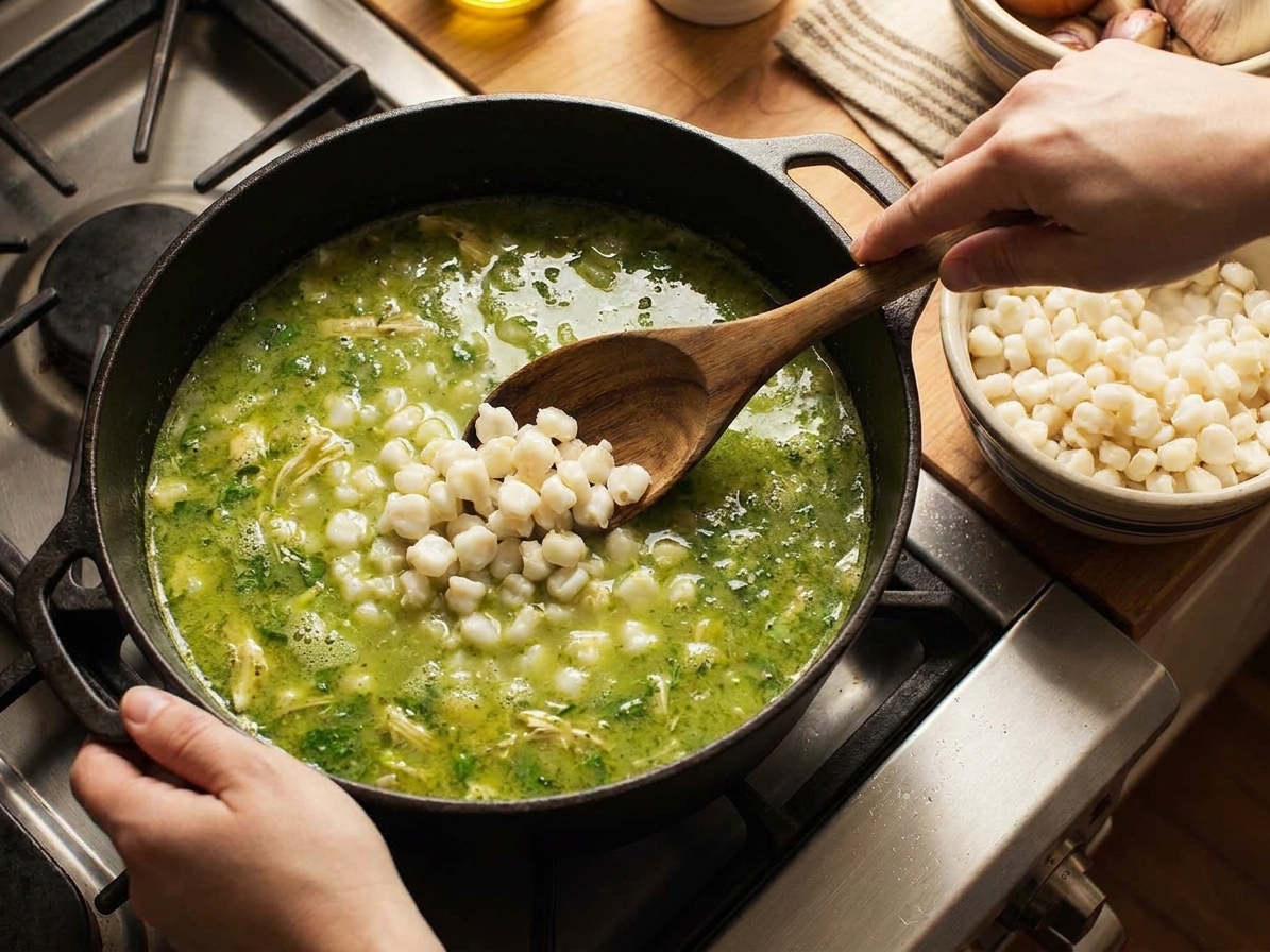 A pot of green pozole on the stove as hominy is stirred in, showing the bright green broth and plump white kernels
