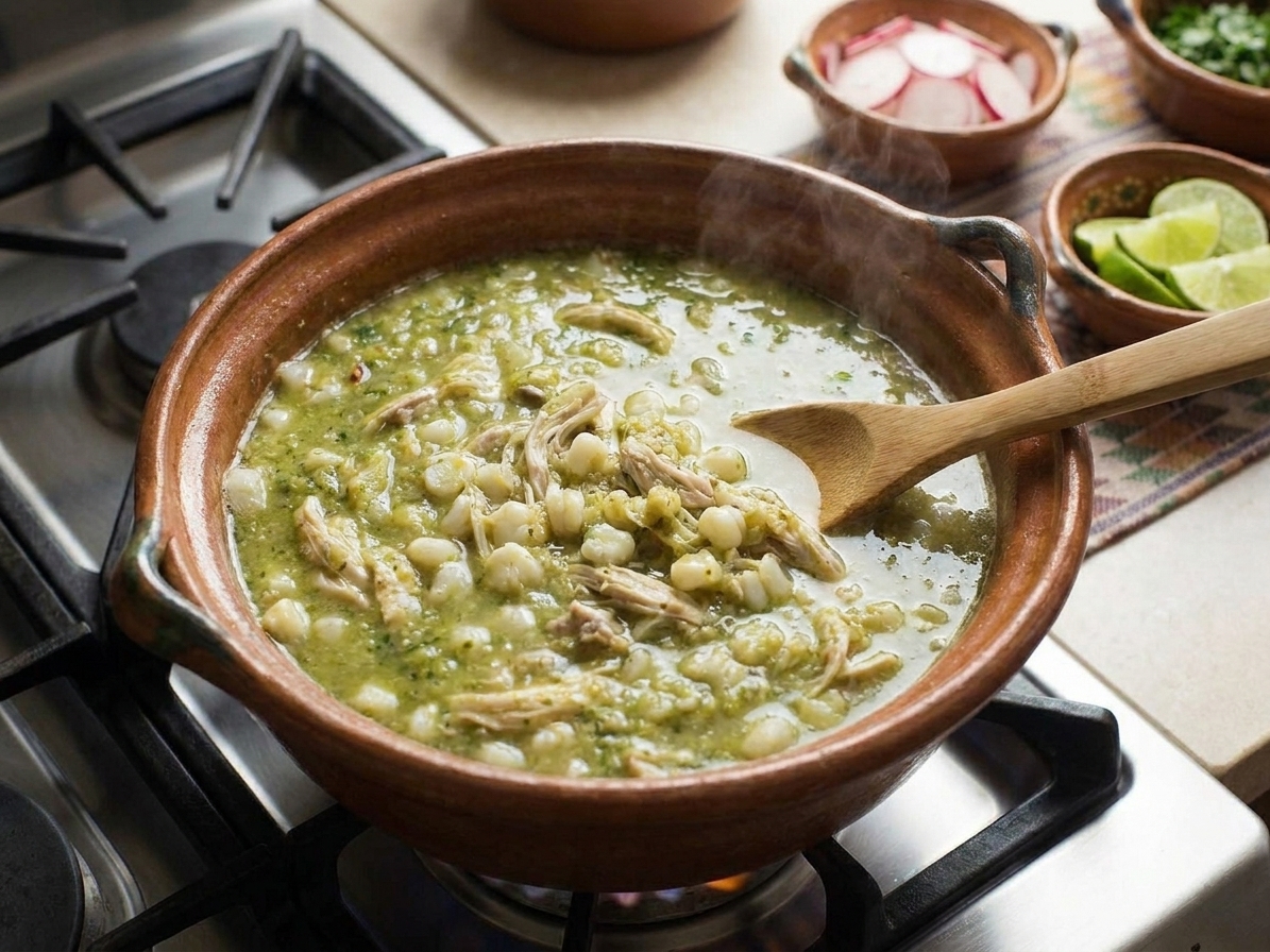 A pot of green pozole simmering with visible hominy kernels and shredded chicken