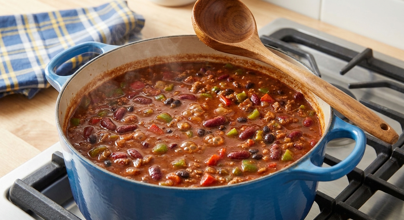 A pot of ground turkey chili gently simmering on the stove with visible beans and peppers, a ladle resting on the edge
