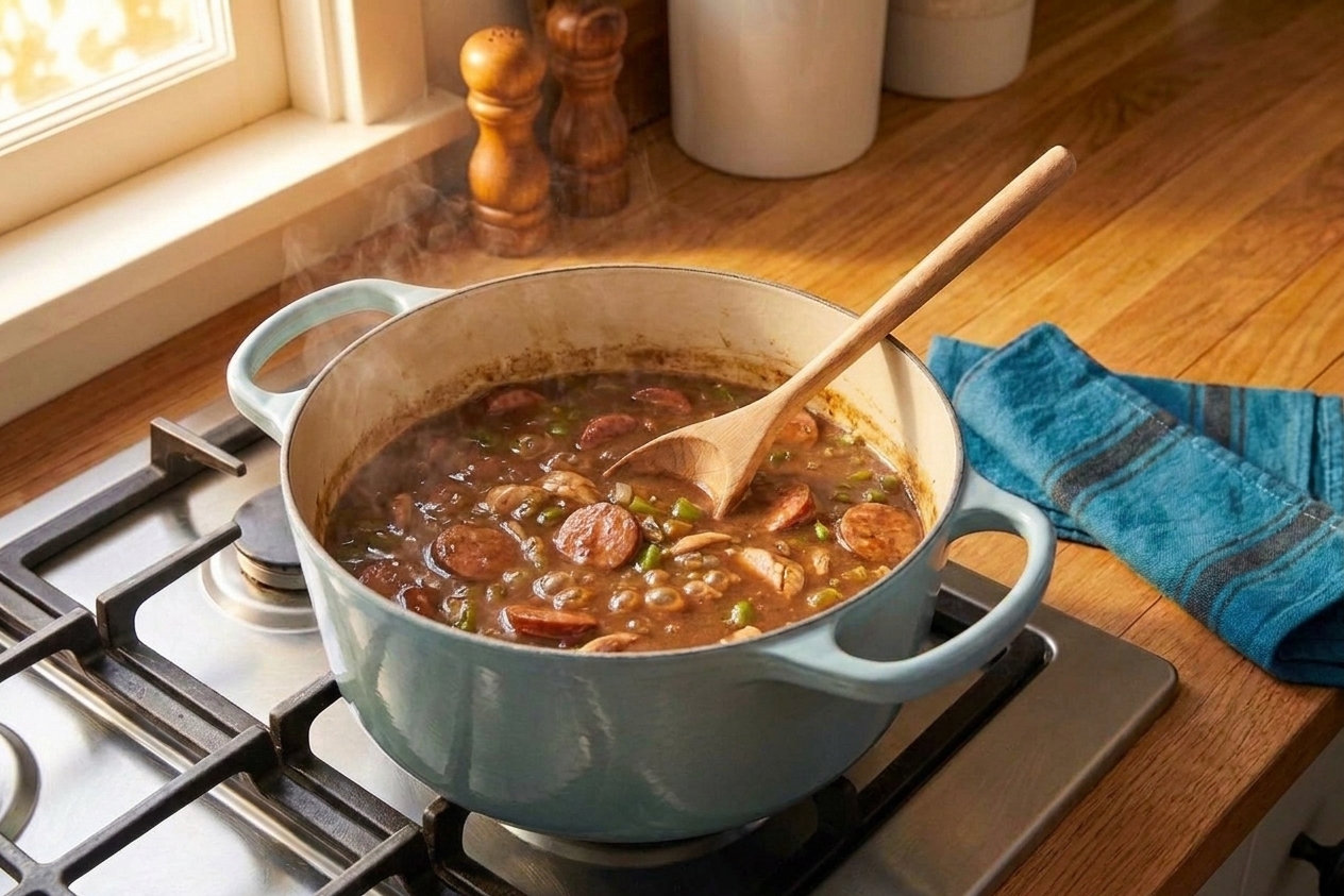 A pot of gumbo gently simmering on a stovetop with sausage slices visible and small bubbles breaking at the surface