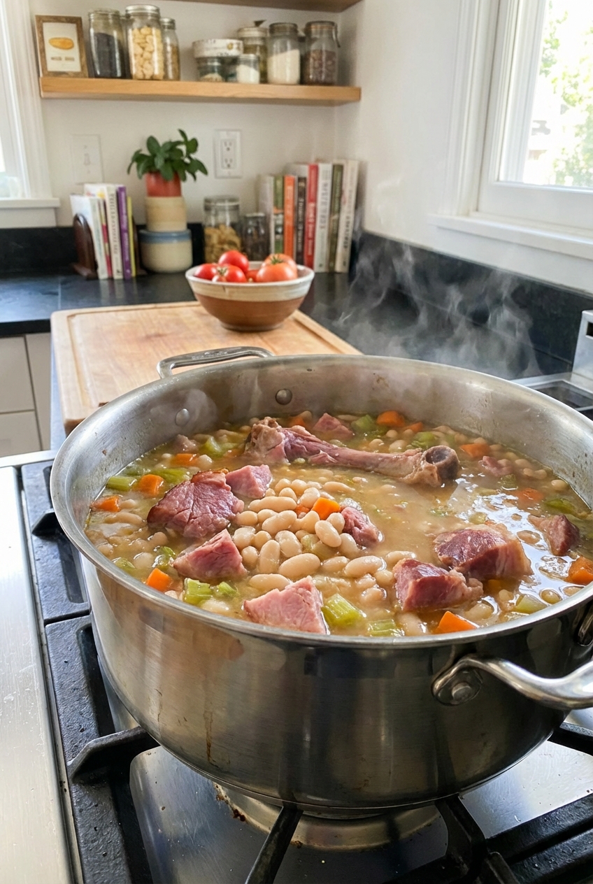 A pot of ham and bean soup simmering on a stovetop with beans and chunks of ham visible in the broth