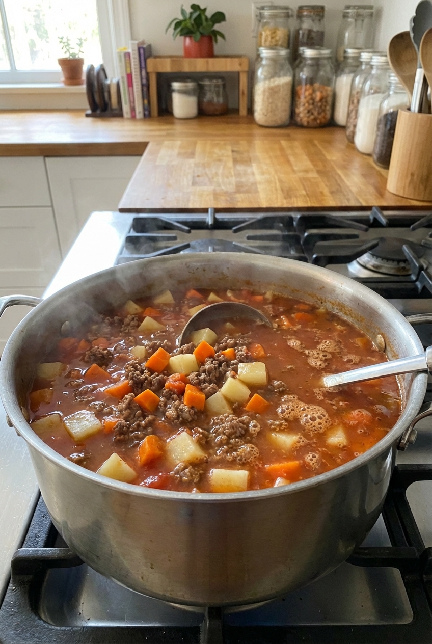 A pot of hamburger soup simmering on a stove with visible diced carrots, potatoes, and ground beef