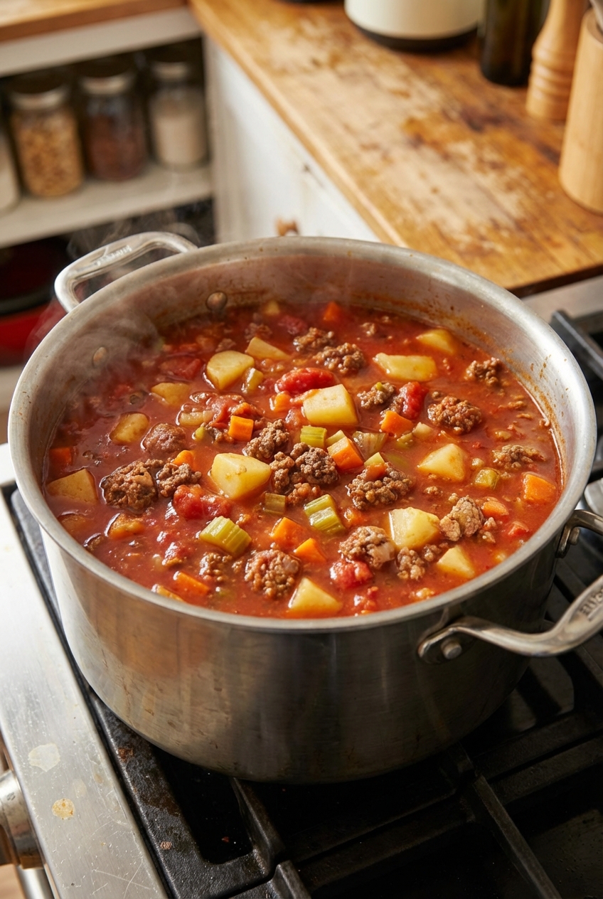 A pot of hamburger soup simmering on the stove with visible browned ground beef, potatoes, and vegetables in a red broth