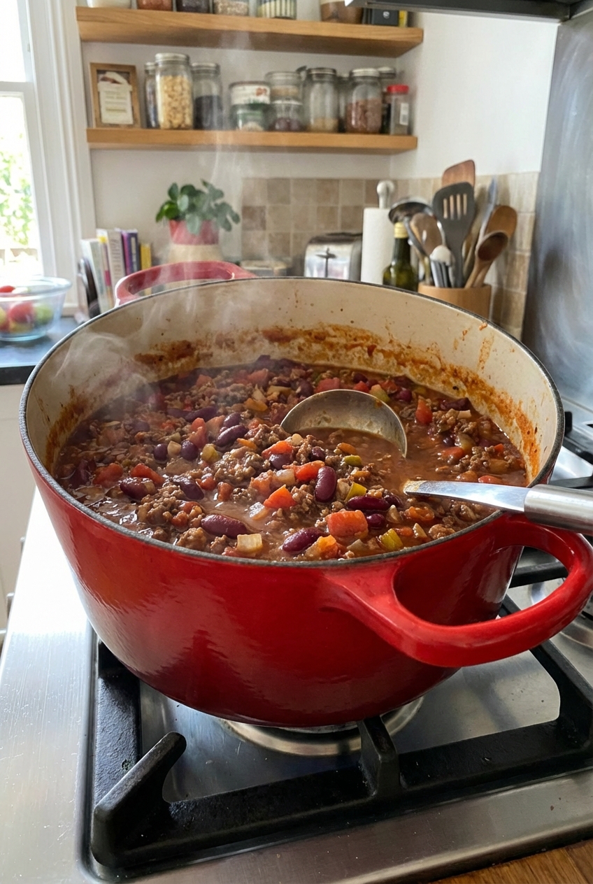 A pot of homemade chili con carne simmering on a stovetop with visible beans, ground beef, tomatoes, and a ladle resting inside