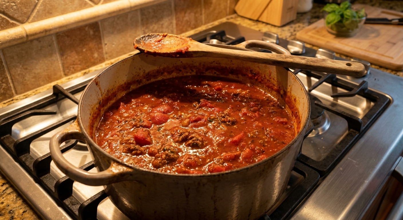 A pot of homemade spaghetti sauce gently simmering on a stovetop with a wooden spoon resting nearby, warm kitchen lighting
