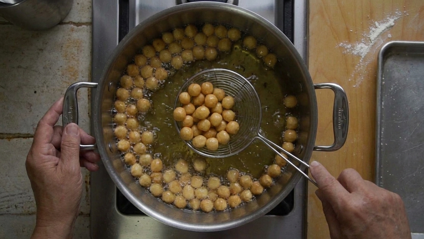 A pot of hot oil on a stovetop with small struffoli dough balls frying as a spider strainer stirs them gently