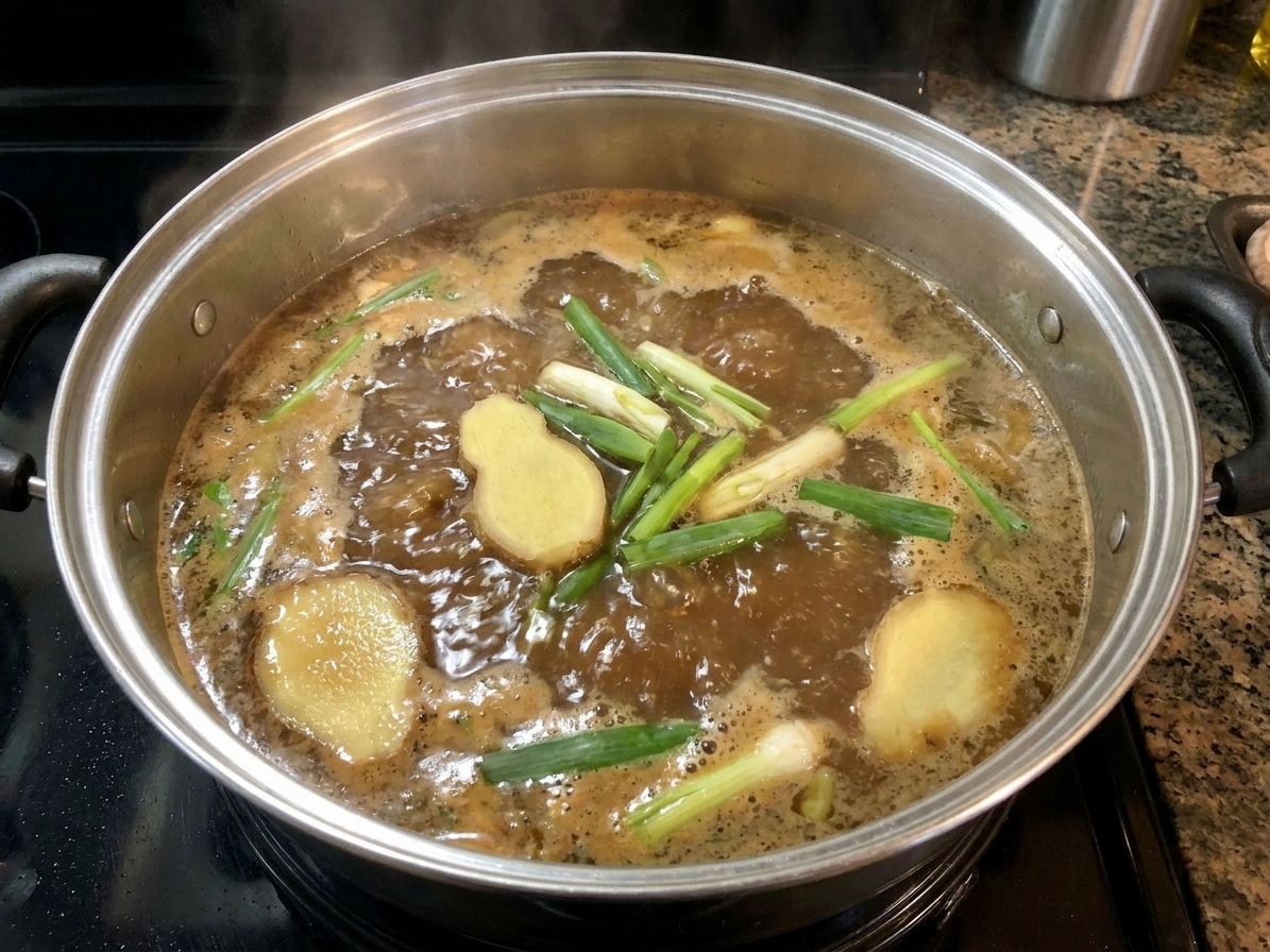 A pot of hot pot broth gently simmering on a stovetop with visible slices of ginger and scallions floating on top