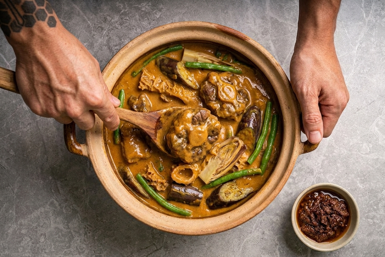 A pot of kare-kare with creamy peanut sauce being stirred with a wooden spoon, thick and glossy