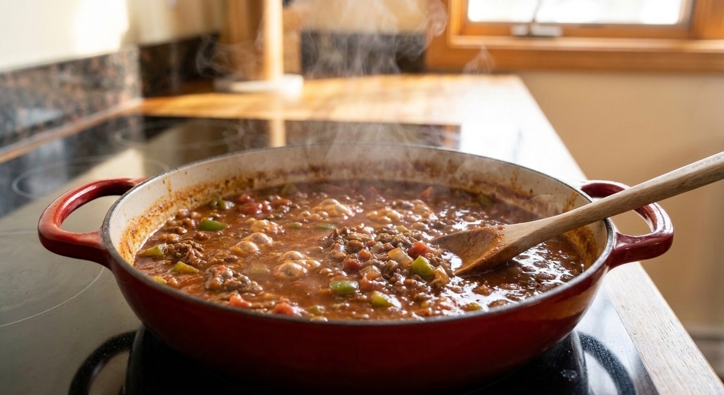 A pot of keto chili gently simmering on the stove with visible bubbles and a thick red sauce