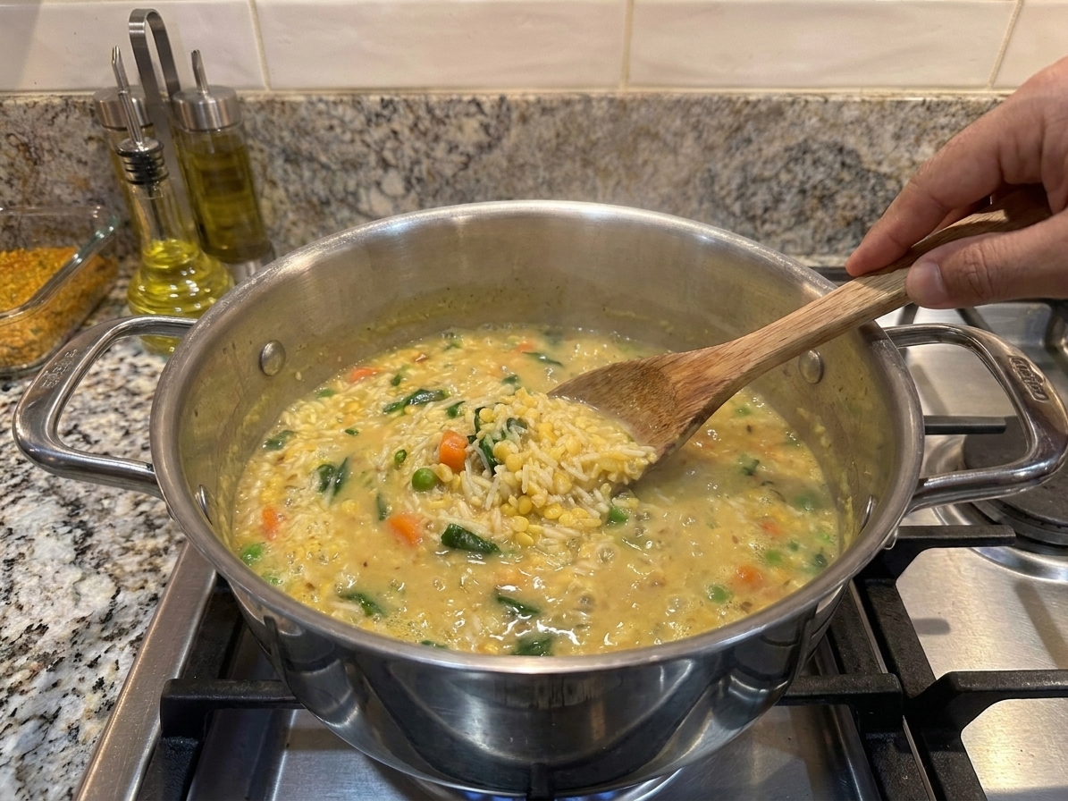 A pot of khichdi simmering while a wooden spoon stirs a creamy rice and lentil mixture on a stovetop