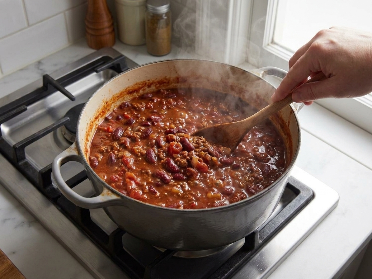 A pot of kidney bean chili being stirred on a stovetop as steam rises and the chili thickens