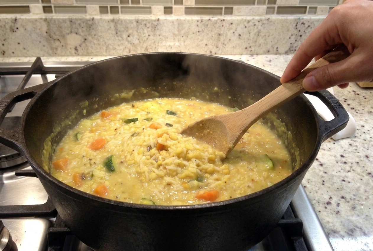 A pot of kitchari gently simmering as the mixture turns creamy while being stirred