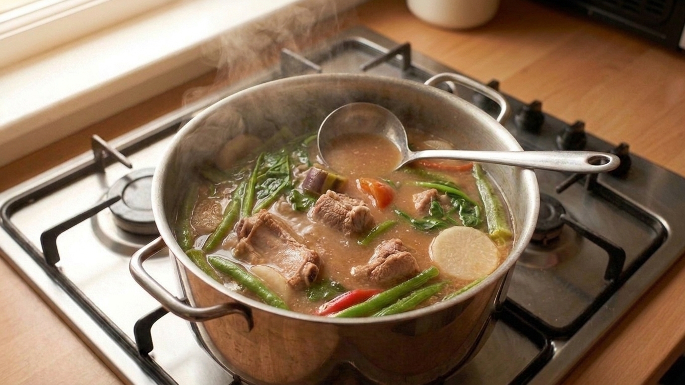 A pot of leftover sinigang gently reheating on a stovetop with steam rising, a ladle resting on the rim