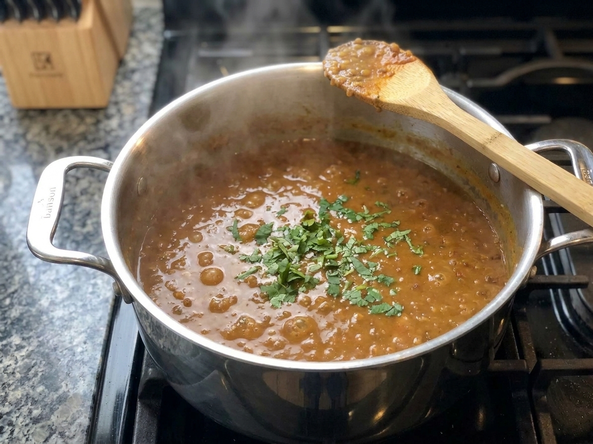A pot of lentil curry gently simmering on a stovetop with a wooden spoon resting on the rim and steam rising