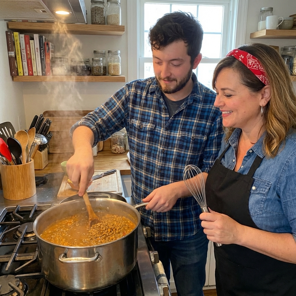 A pot of lentil soup simmering on a stovetop with a wooden spoon stirring