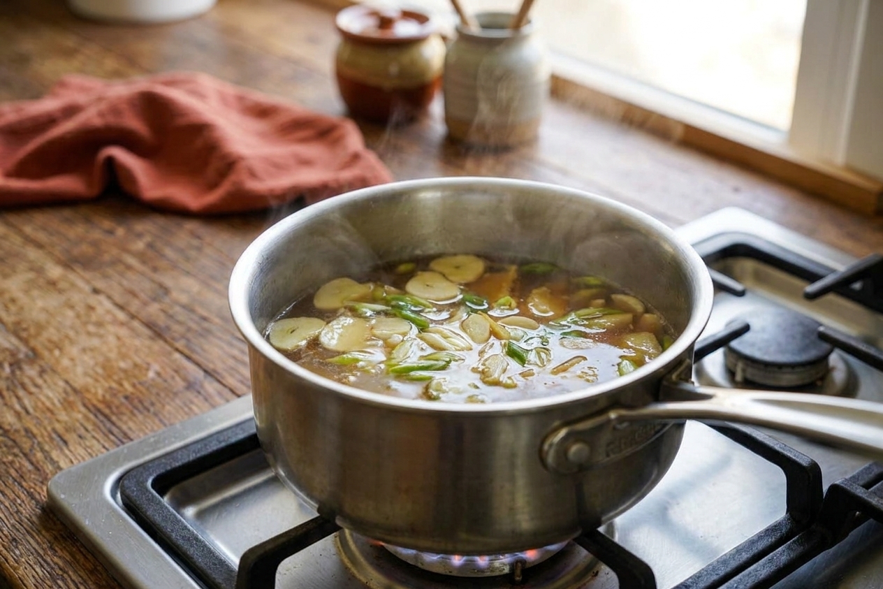 A pot of light brown soy-ginger broth gently simmering on a stovetop with visible slices of garlic