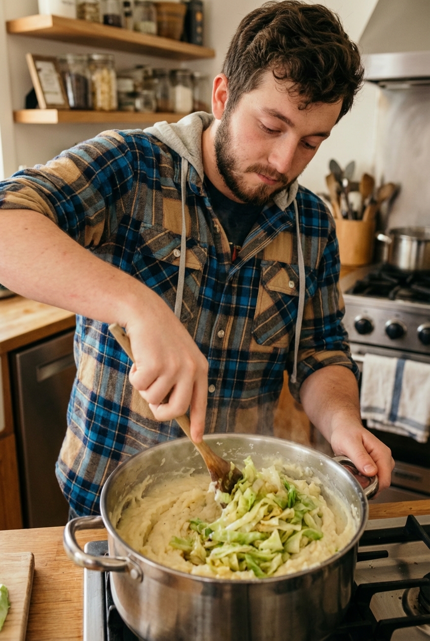 A pot of mashed potatoes being folded with sautéed cabbage using a wooden spoon