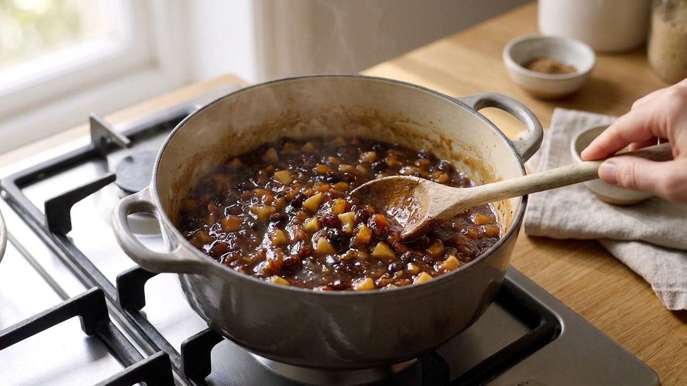 A pot of mincemeat gently simmering on the stove, showing a thickening, jam-like texture