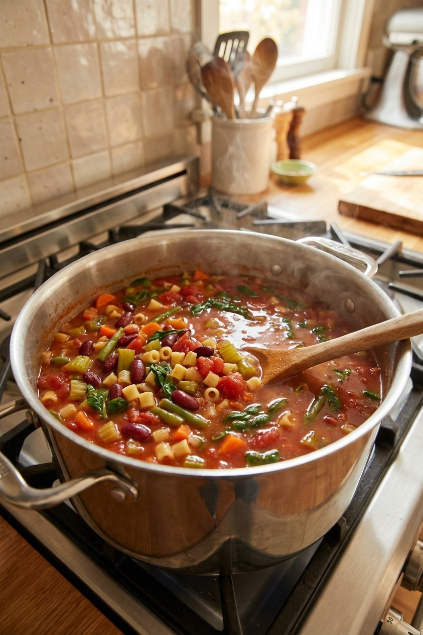 A pot of minestrone soup simmering on a stovetop with visible vegetables and small pasta