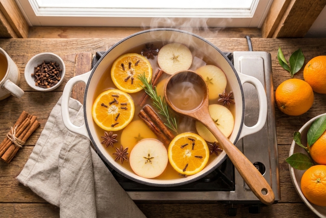 A pot of mulled apple cider steaming on a stovetop with visible orange slices, cinnamon sticks, and whole cloves floating on top