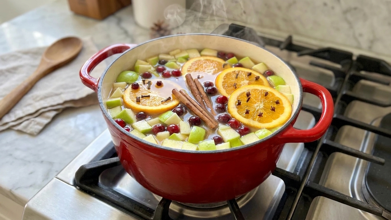 A pot of mulled cider gently steaming on a stovetop with orange slices and cinnamon sticks floating on the surface