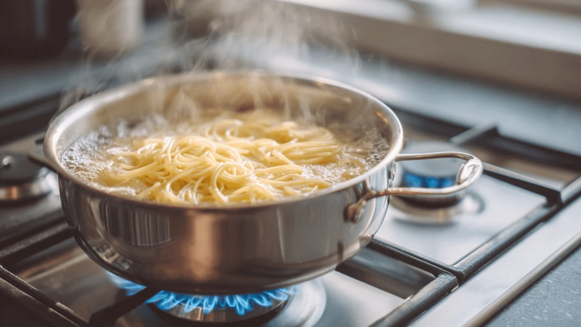 A pot of noodles boiling on a stovetop with steam rising in a home kitchen