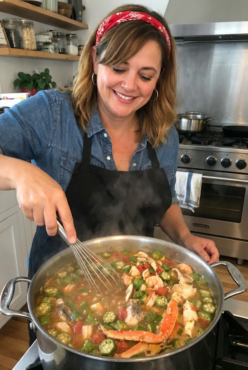 A pot of okra stew with tomatoes and seafood simmering