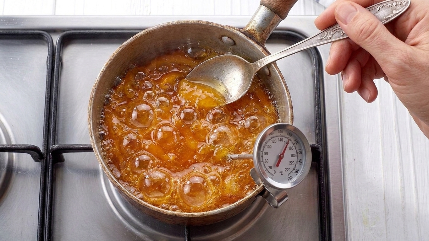 A pot of orange marmalade boiling with a thermometer clipped to the side, glossy bubbles rising