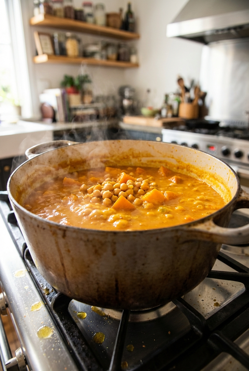 A pot of orange pumpkin curry simmering on the stove with chickpeas visible near the surface