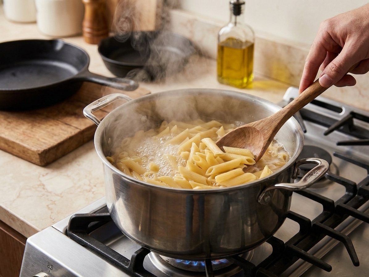 A pot of pasta boiling on a stovetop with steam rising in a home kitchen