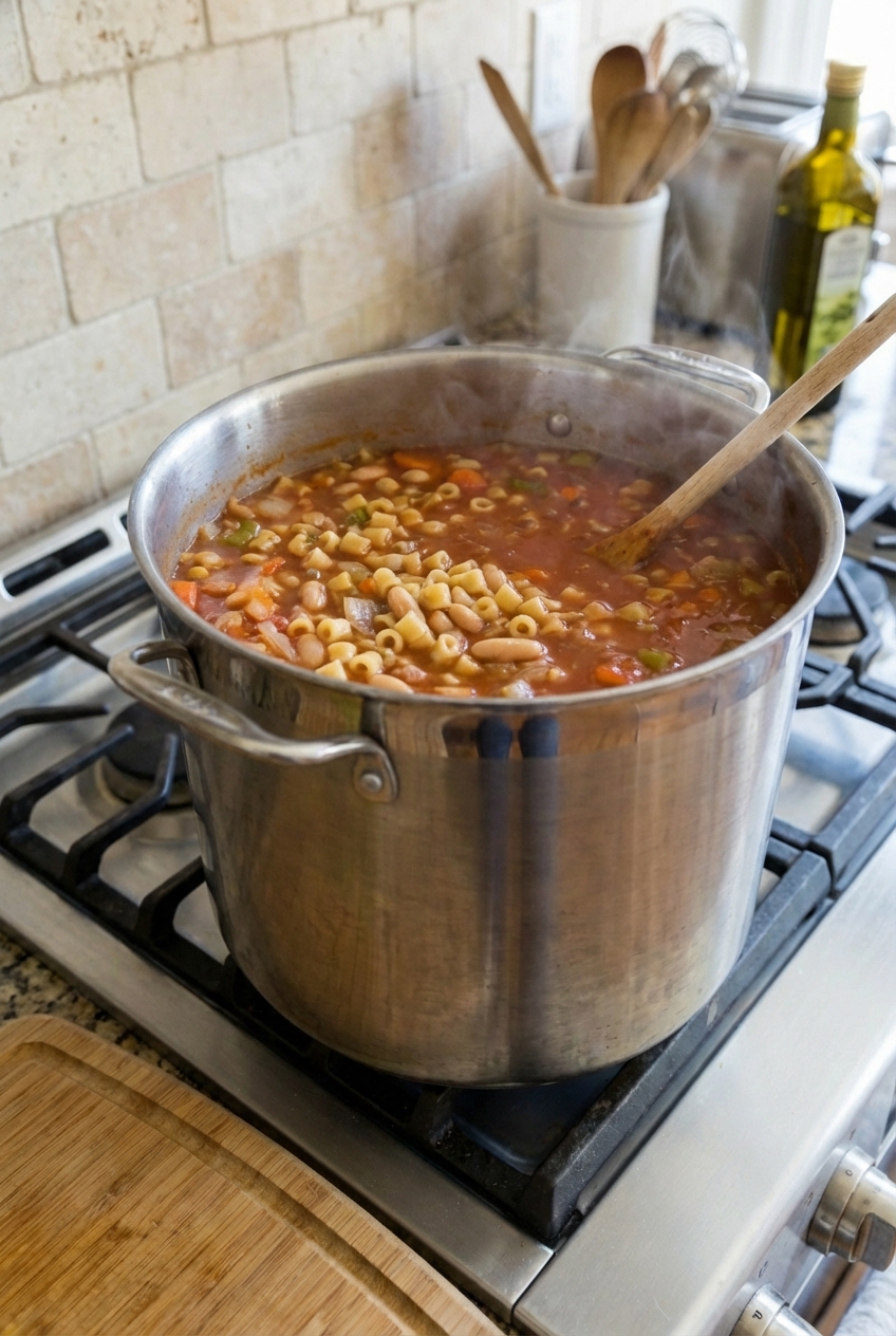 A pot of pasta fagioli simmering on the stove with visible beans and pasta in a tomato broth