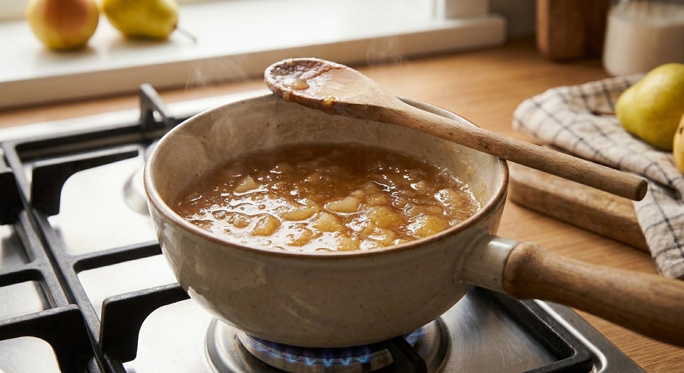A pot of pear jam bubbling at a steady simmer on a stovetop with a wooden spoon resting on the rim, cozy kitchen lighting