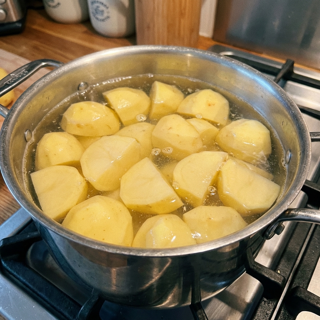 A pot of peeled Yukon Gold potatoes simmering in salted water on a stovetop