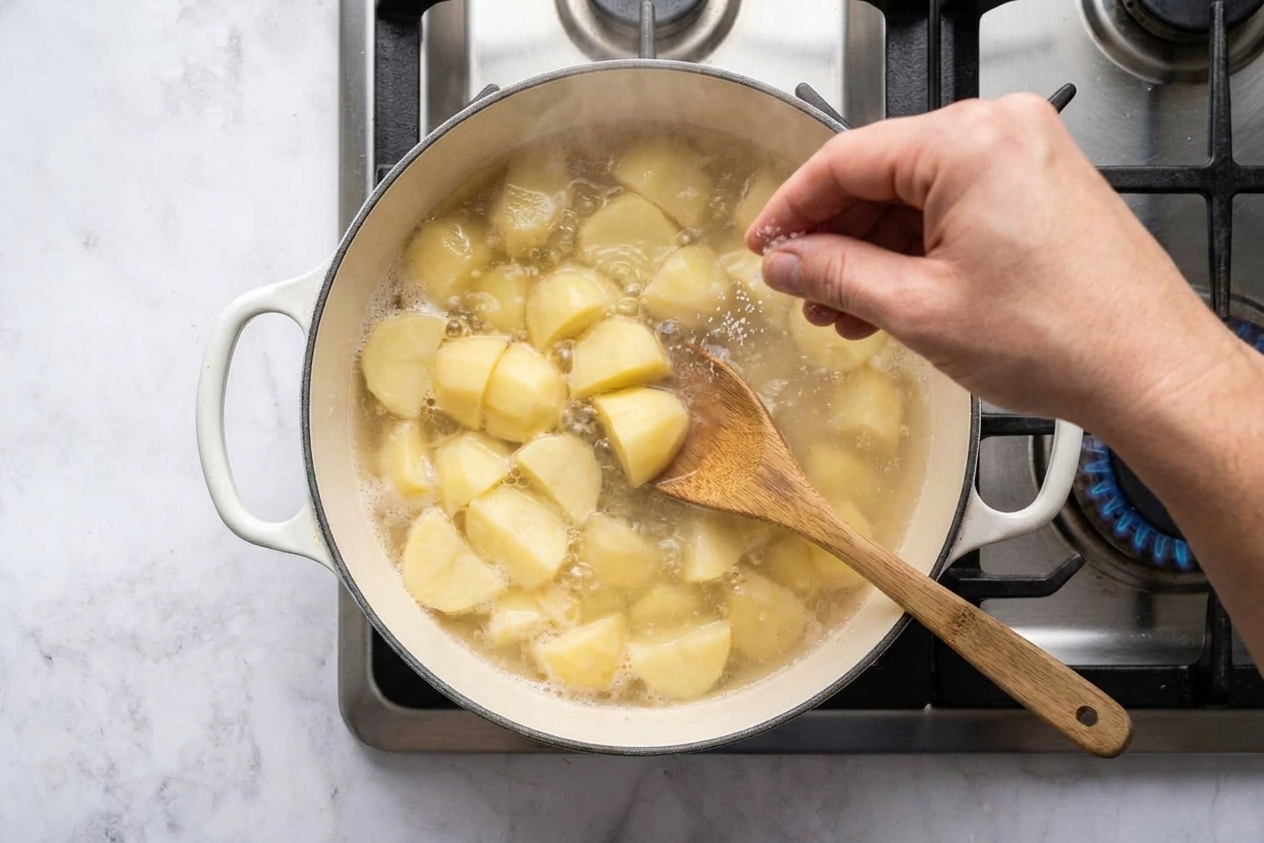 A pot of peeled potato chunks simmering in bubbling water on a stovetop