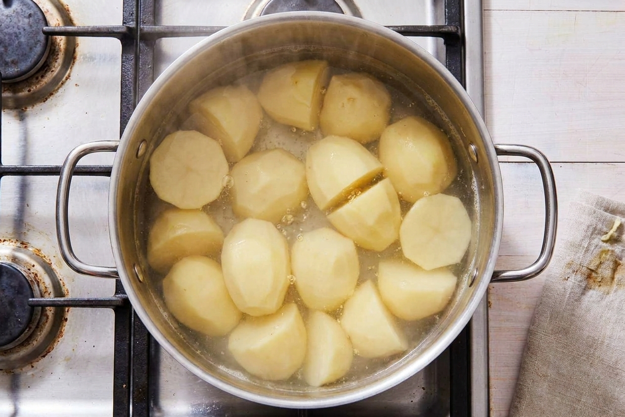 A pot of peeled potato chunks simmering on a stovetop with gentle bubbles