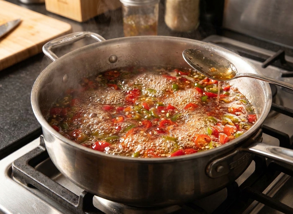 A pot of pepper jelly mixture at a rolling boil on a stovetop with a spoon resting on the rim