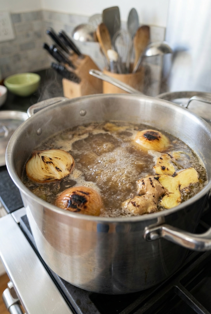 A pot of pho broth simmering on a stovetop with onion and ginger halves floating on the surface