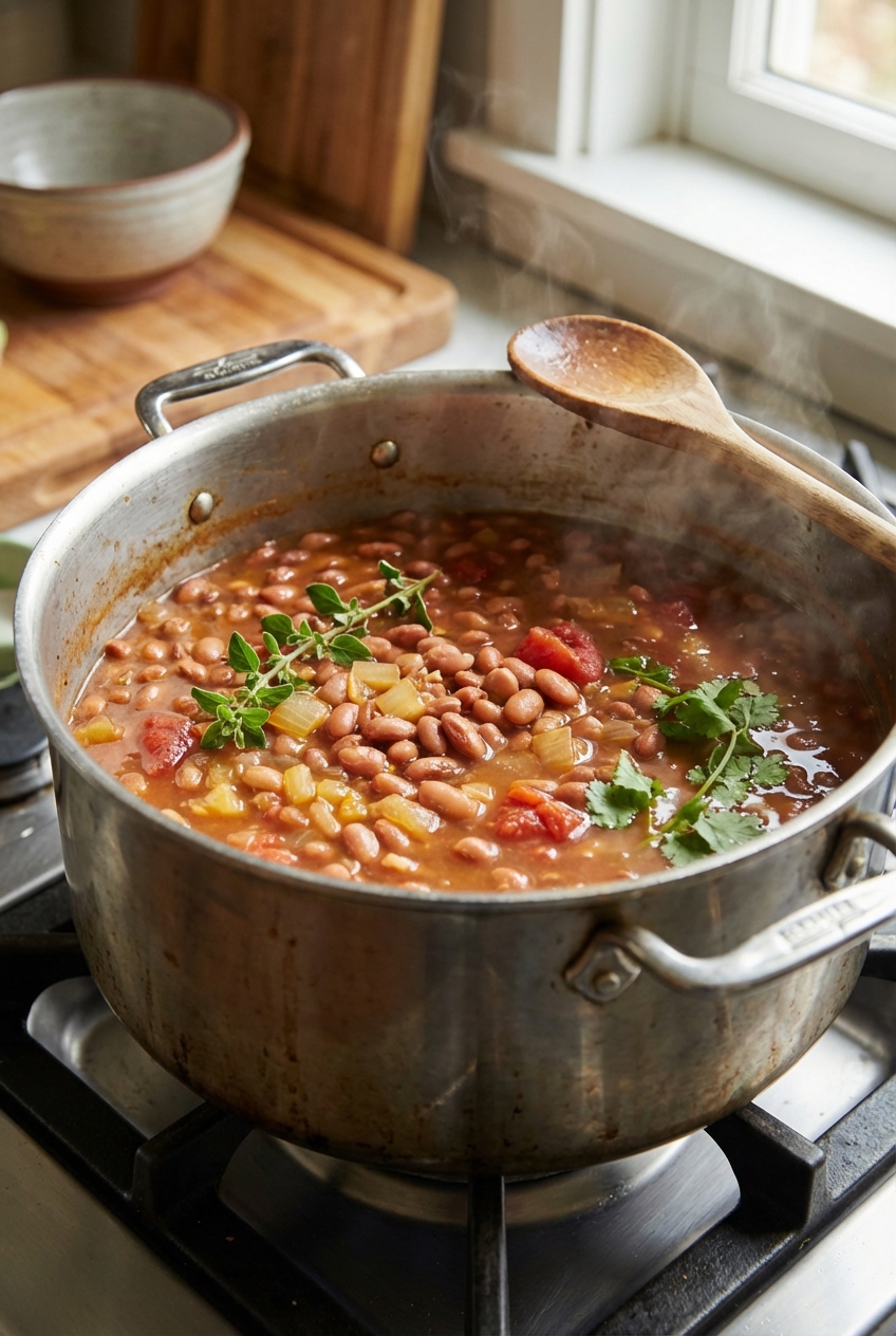A pot of pinto beans simmering on the stovetop with visible onion, tomato, and herbs in the broth