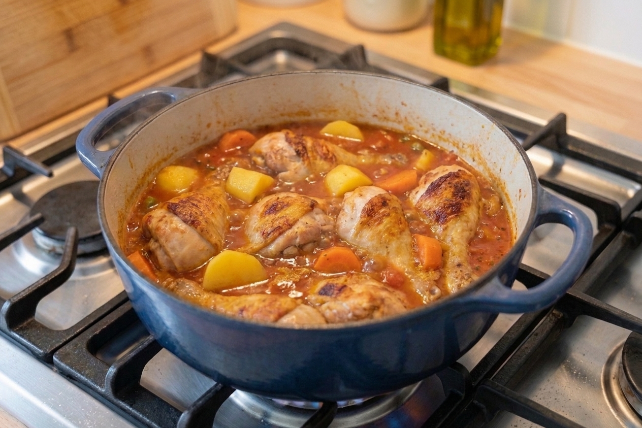 A pot of pollo guisado gently simmering with chicken and potato chunks visible in a red tomato broth