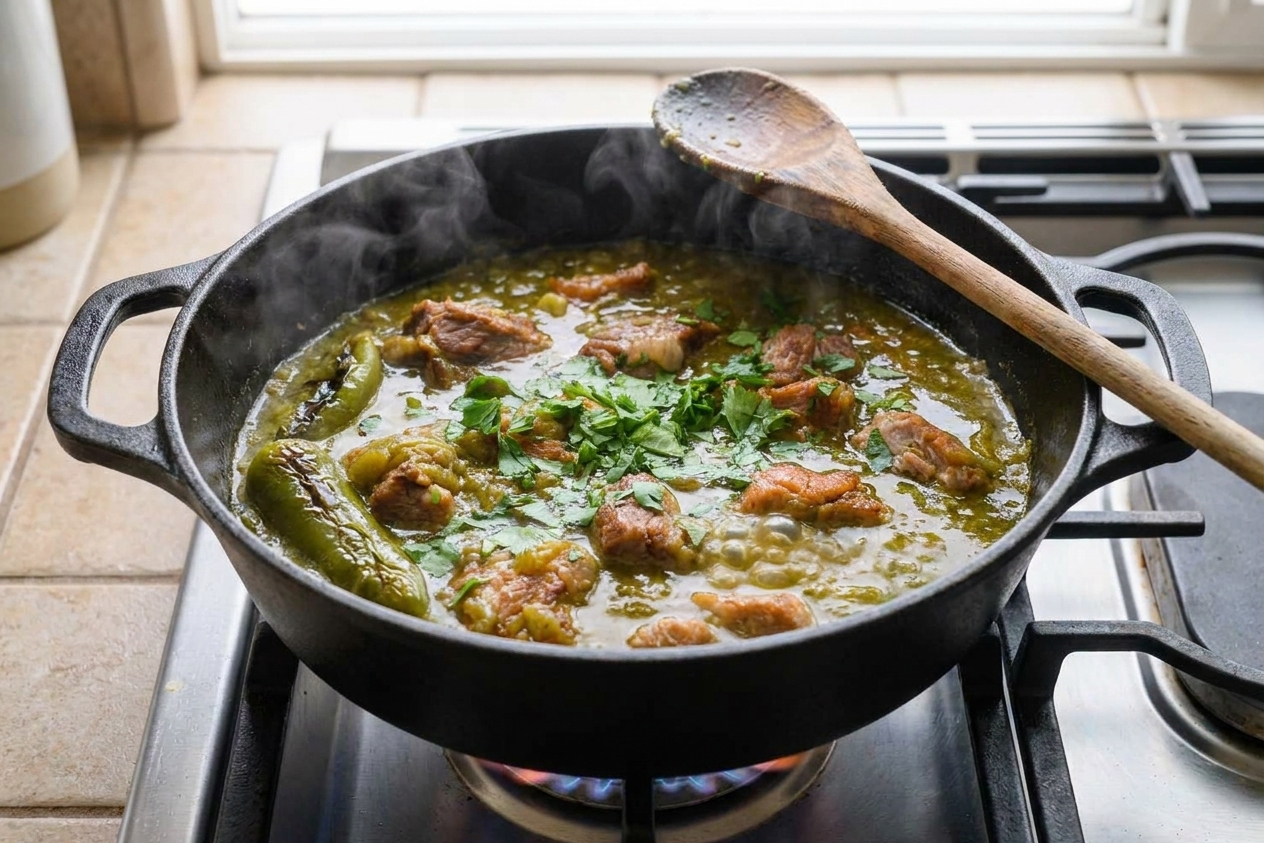 A pot of pork green chili gently simmering on the stove, green chiles and pork visible at the surface with a wooden spoon resting on the rim