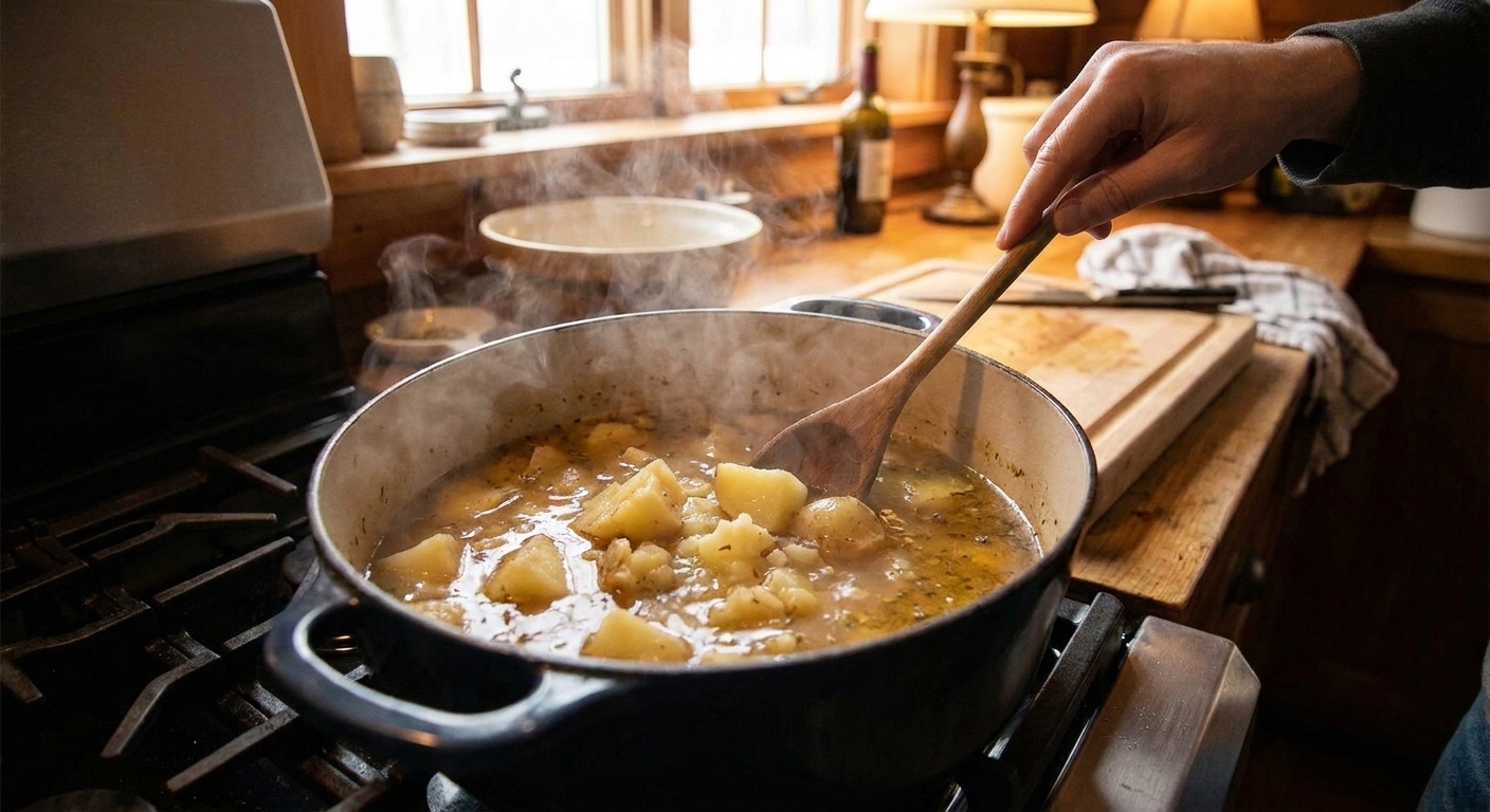A pot of potato soup base simmering with potato chunks in broth as steam rises on the stovetop