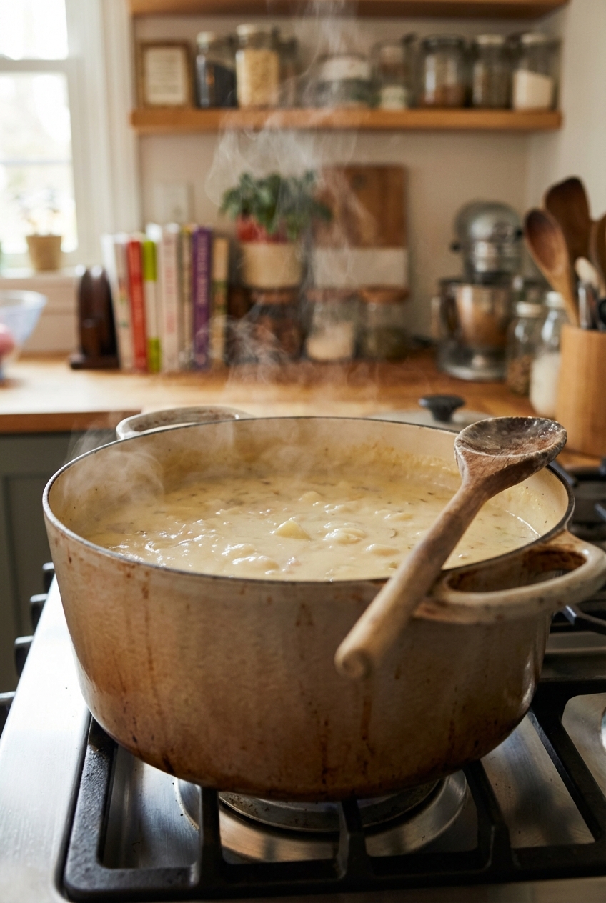 A pot of potato soup gently simmering on a stovetop with steam rising and a wooden spoon resting on the rim